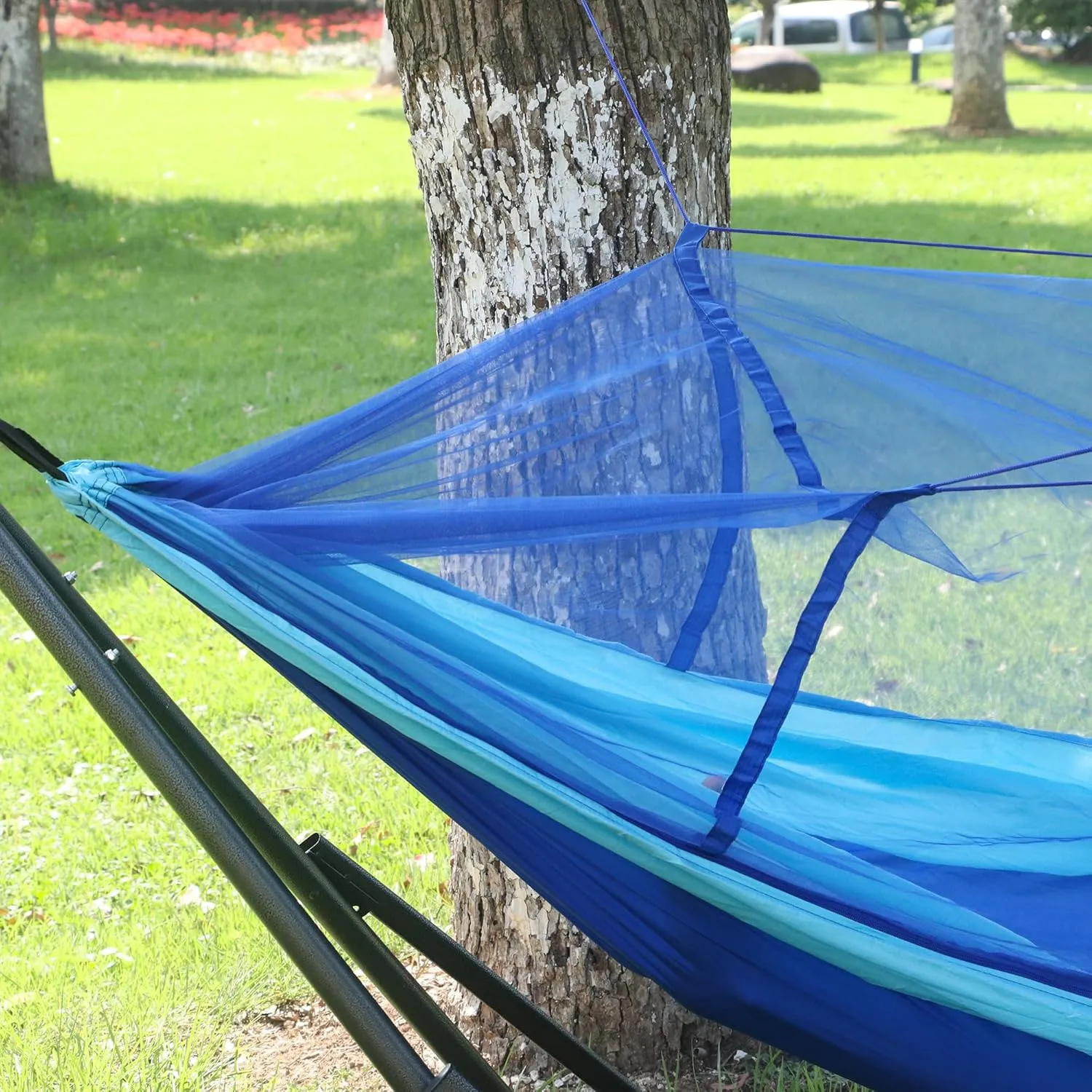 Happy Camper Camping Hammock for Camping Outdoor Adventures Backpacking or Travel with Rain Fly and Mosquito Net, Lightweight & Portable - Up to 400lbs (Light Blue/Blue, Single)