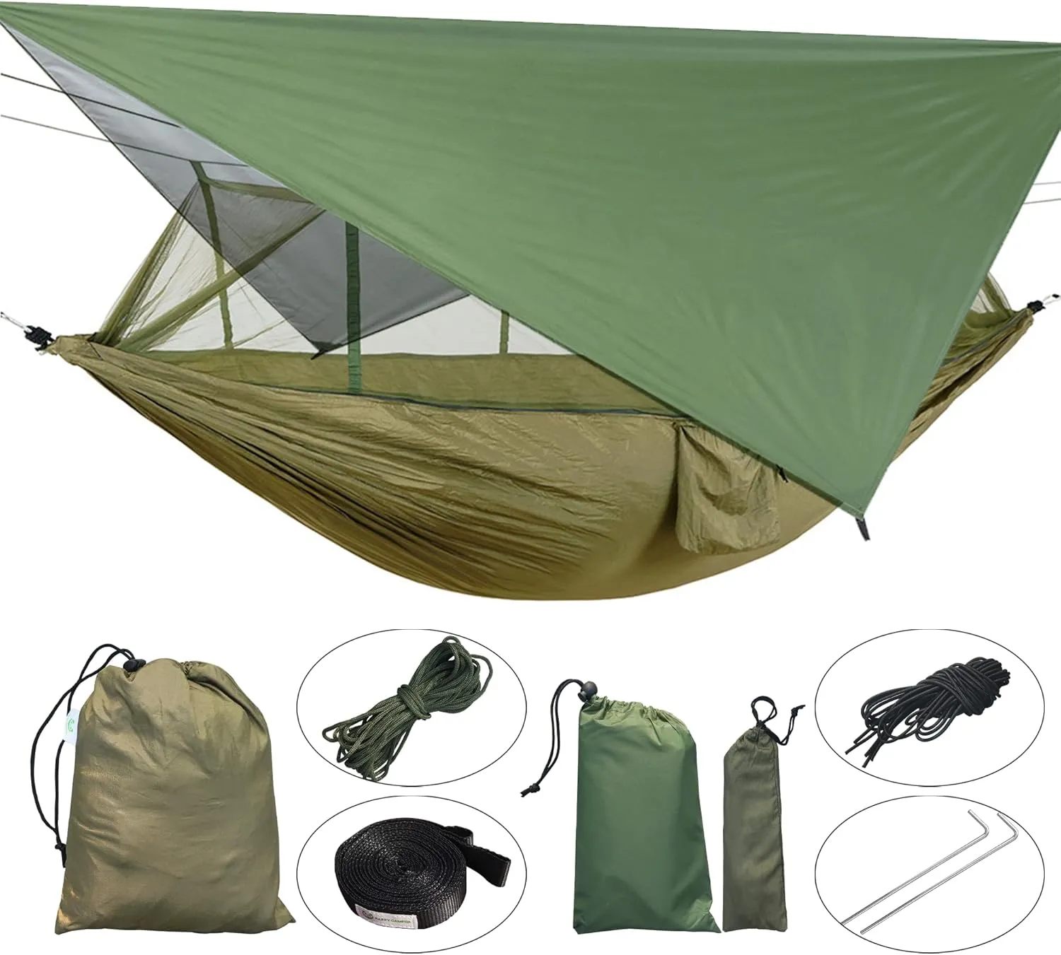 Happy Camper Camping Hammock for Camping Outdoor Adventures Backpacking or Travel with Rain Fly and Mosquito Net, Lightweight & Portable - Up to 400lbs (Olive Green, Single)