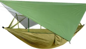 Happy Camper Camping Hammock for Camping Outdoor Adventures Backpacking or Travel with Rain Fly and Mosquito Net, Lightweight & Portable - Up to 400lbs (Olive Green, Single)