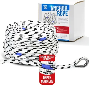 Heavy Duty 200 ft 3/8" Marine/Nautical Boat Anchor Line Depth Markers Rope w/Stainless Steel Thimble Eye Bolt, Boats up to 27'