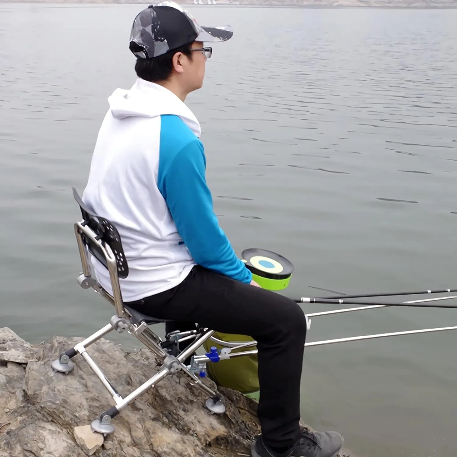 High Back Chair Fishing Chair with Adjustable Back Legs and Liftable Legs for Slope Rock Shoal Portable Camping Stool Seat Hold Up 300 lbs Camping Chair