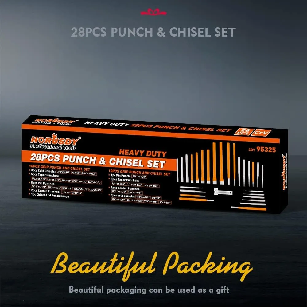 HORUSDY 28-Piece Heavy Duty Punch and Chisel Set, Including Taper, Cold Chisels, Pin, Center Punch