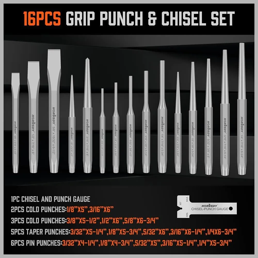 HORUSDY 28-Piece Heavy Duty Punch and Chisel Set, Including Taper, Cold Chisels, Pin, Center Punch