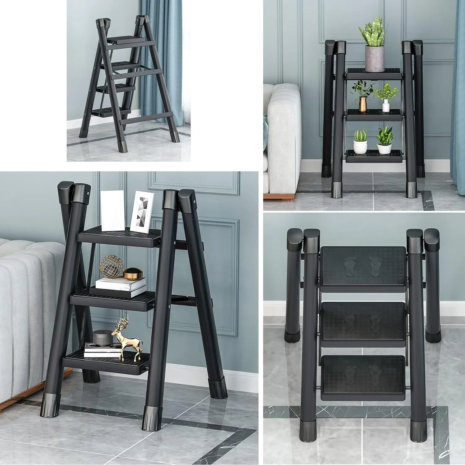 Household Multi-Functional Folding Herringbone Ladder Portable Climbing Frame Thickened Aluminum Alloy Anti-Rust Flower Stand (Color : White, Size : Three Steps)