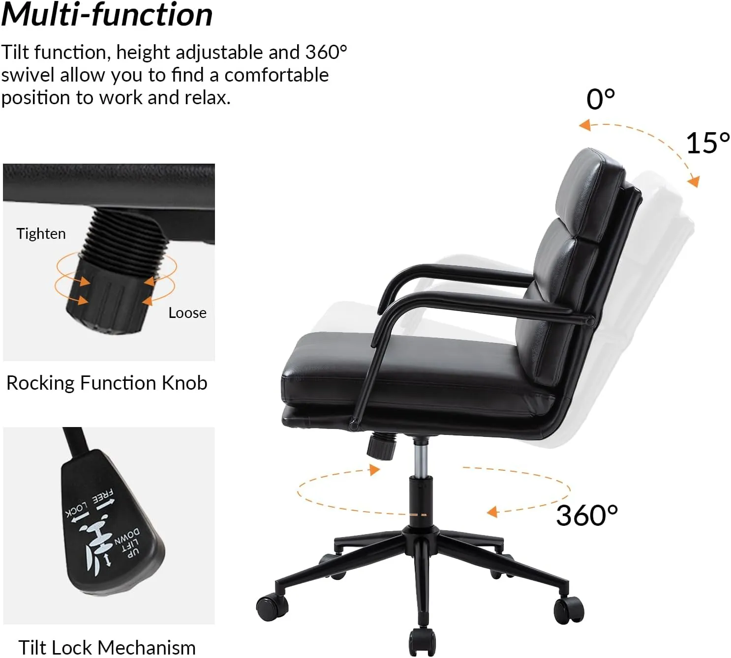 HULALA HOME Modern Faux Leather Home Office Chair with Tilt Lock & Metal Base, Desk Chair with Wheels & Padded Cushion, 360° Swivel Wide Seat Computer Task Chair, Black