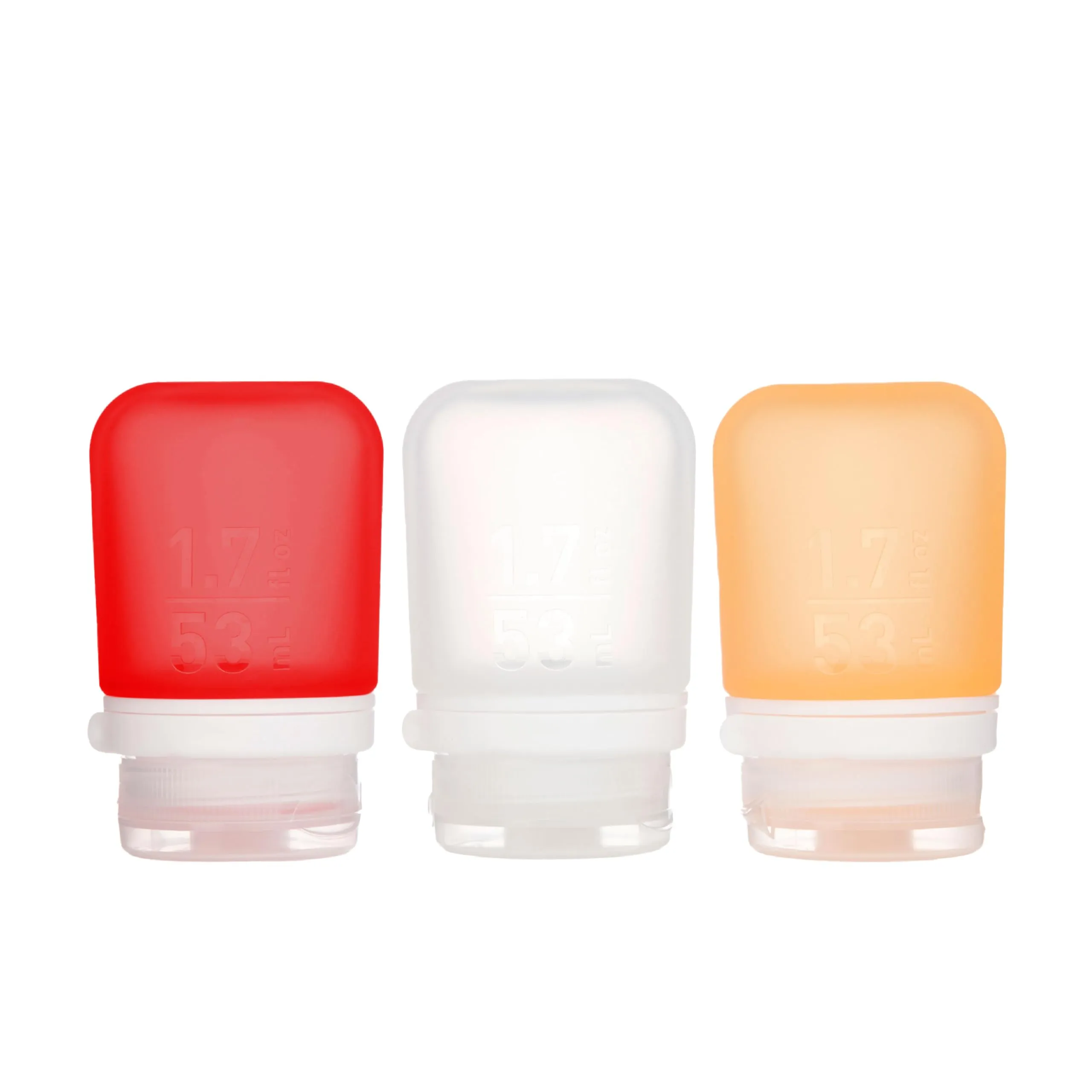 humangear GoToob  3-Pack (Small) | Refillable Silicone Travel Bottle | Locking Lid | Food-Safe Material, Clear/Red/Orange, Small (1.7 fl.oz; 53ml)
