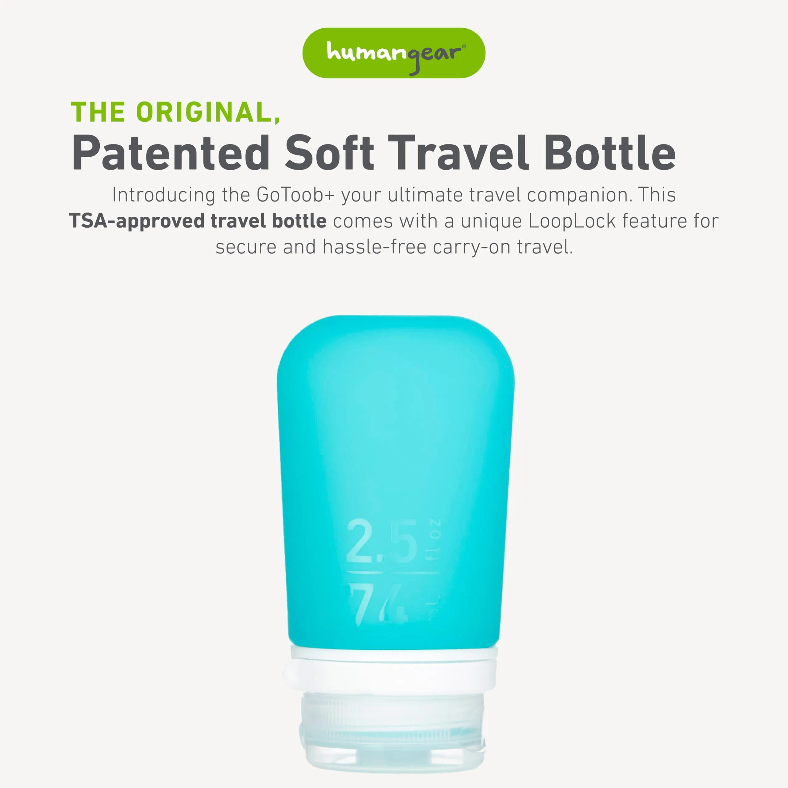 humangear GoToob  (Medium) | Refillable Silicone Travel Bottle | Locking Lid | Food-Safe Material | Aqua, Medium (2.5 fl.oz.; 74ml)