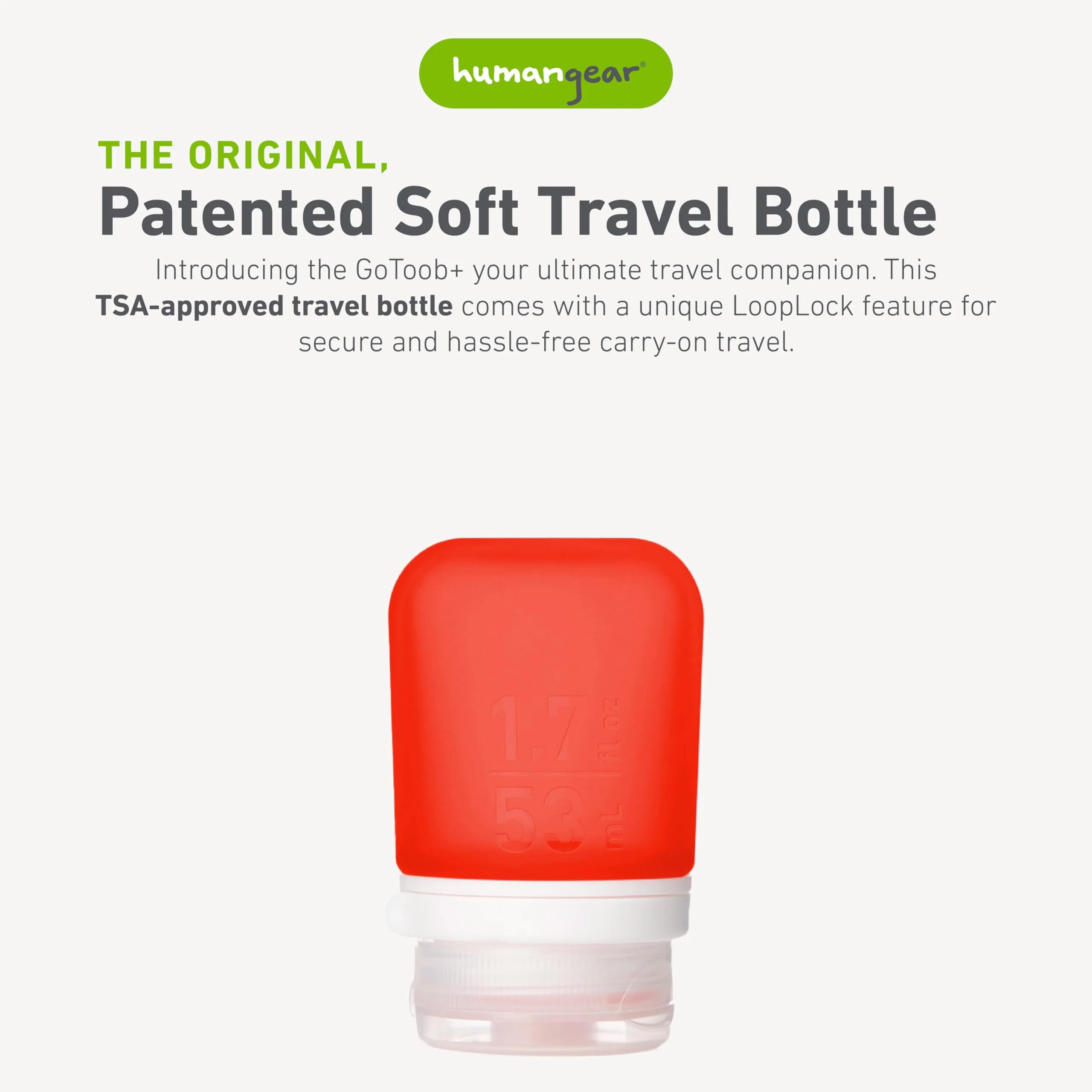 humangear GoToob  (Small) | Refillable Silicone Travel Bottle | Locking Lid | Food-Safe Material | Red, Small (1.7 fl.oz; 53ml)