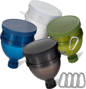 Hydra Cup [4 Pack] Funnels for Filling Water Bottles with Protein Powder, 3 Compartment Pill Storage, Supplement Container Set to Go or Kitchen Use, Keychain for Shaker Cup