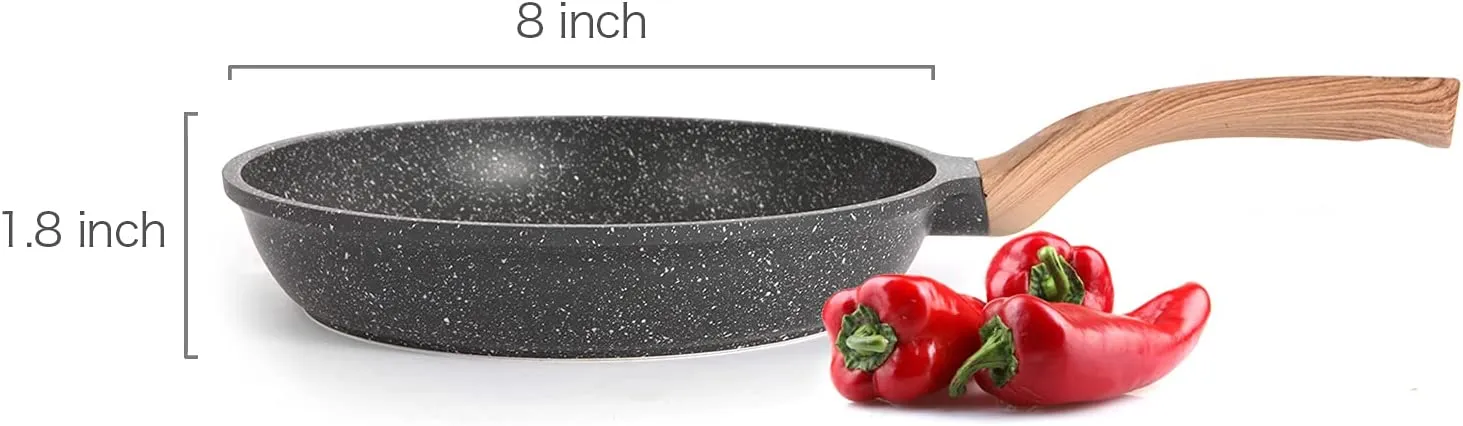 HZHYSEA Nonstick Frying Pan Skillet Granite Coating Egg Omelet Pan 8 Inch Nonstick Pan with Woodgrain Handle, Non Stick Cooking Pans for All Stove Tops, PTFE PFOA Free, Induction Compatible