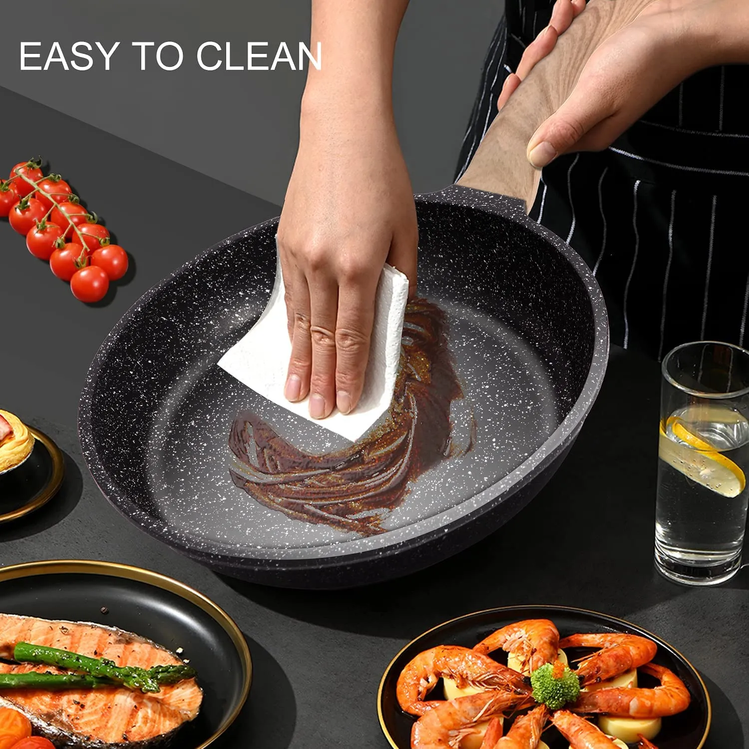 HZHYSEA Nonstick Frying Pan Skillet Granite Coating Egg Omelet Pan 8 Inch Nonstick Pan with Woodgrain Handle, Non Stick Cooking Pans for All Stove Tops, PTFE PFOA Free, Induction Compatible