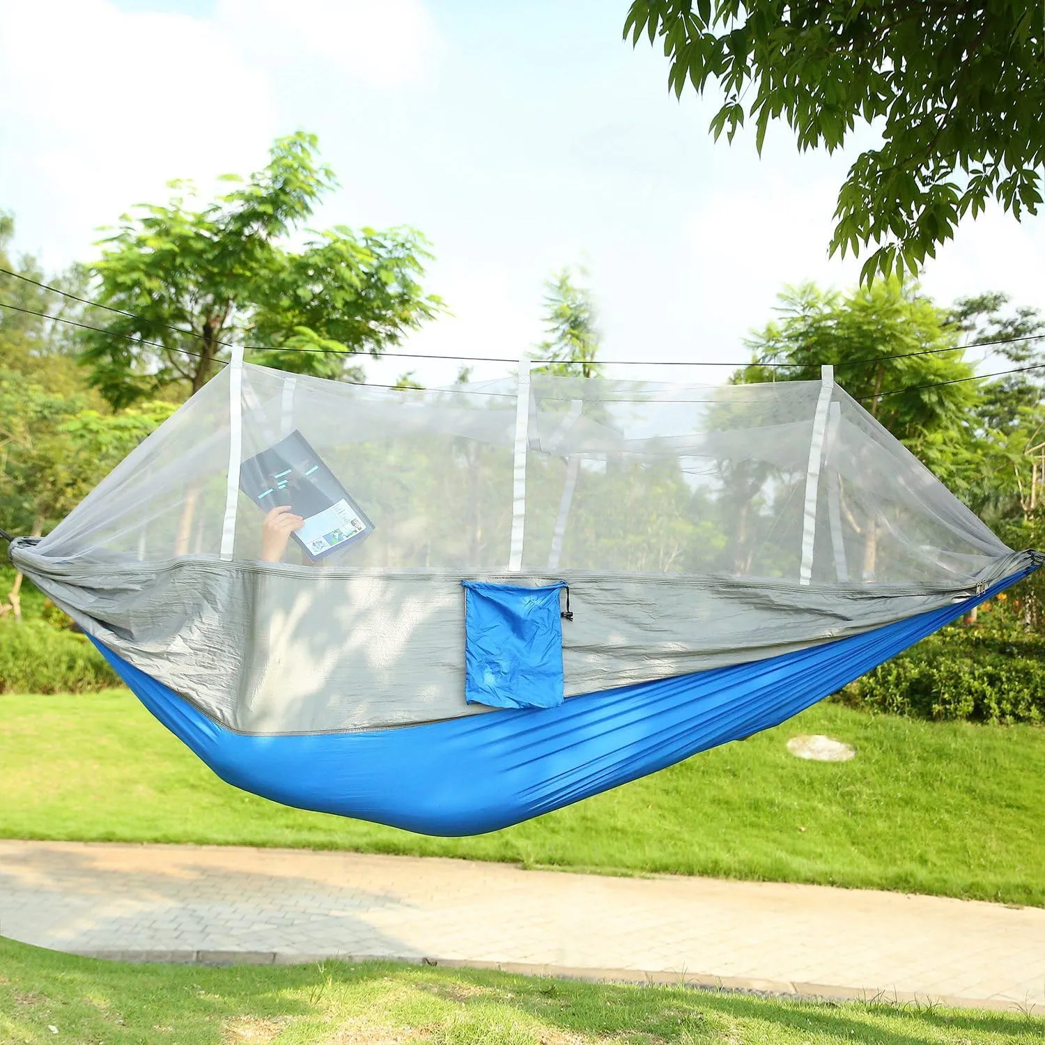 iMounTEK Camping Hammock 2 Persons Hammock with Mosquito Net for Bed Outdoor 600Lbs Load Hiking Camping Hammock& Hanging Kit Portable Nylon Swing Hanging Bed, Patio, Camping,Travel (Grey-Blue)