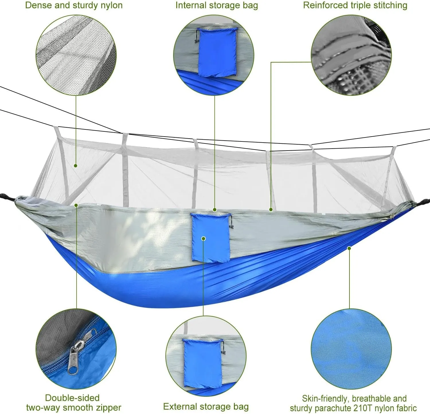 iMounTEK Camping Hammock 2 Persons Hammock with Mosquito Net for Bed Outdoor 600Lbs Load Hiking Camping Hammock& Hanging Kit Portable Nylon Swing Hanging Bed, Patio, Camping,Travel (Grey-Blue)