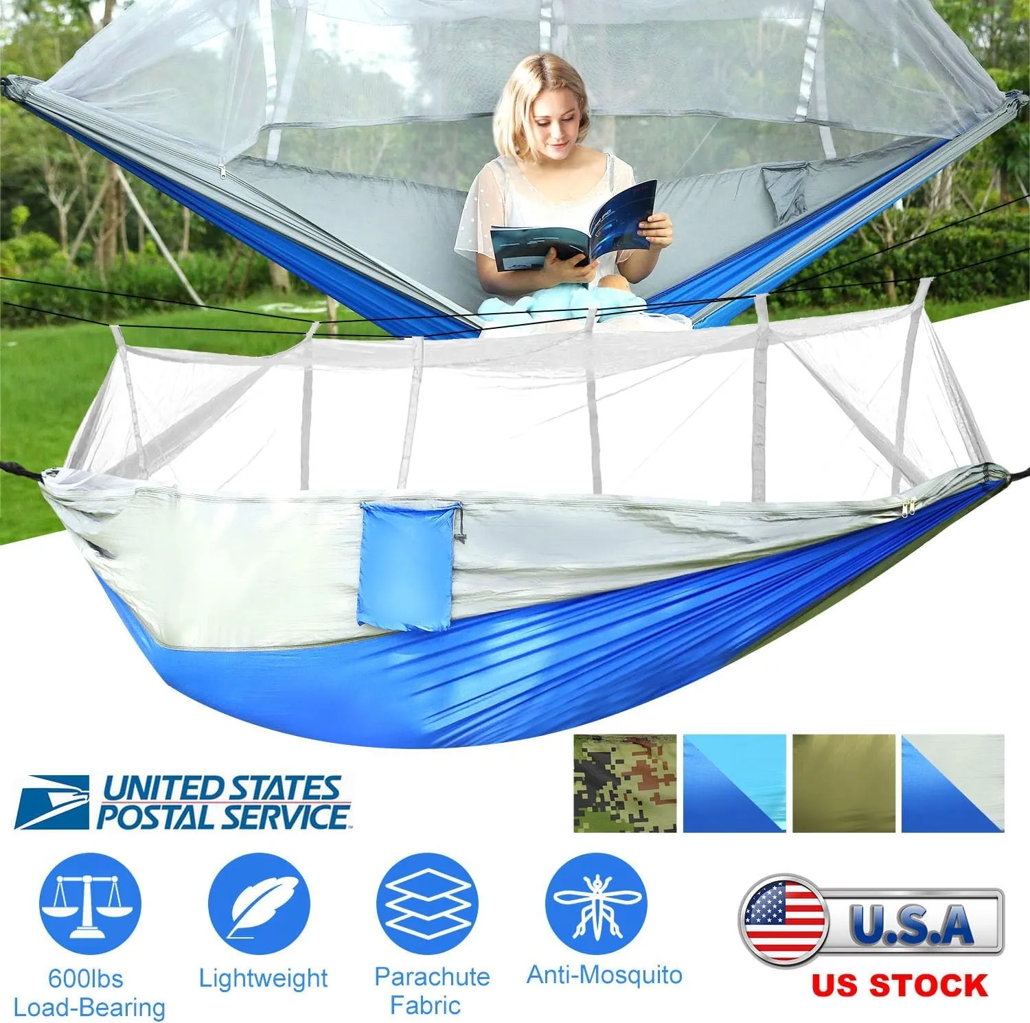 iMounTEK Camping Hammock 2 Persons Hammock with Mosquito Net for Bed Outdoor 600Lbs Load Hiking Camping Hammock& Hanging Kit Portable Nylon Swing Hanging Bed, Patio, Camping,Travel (Grey-Blue)