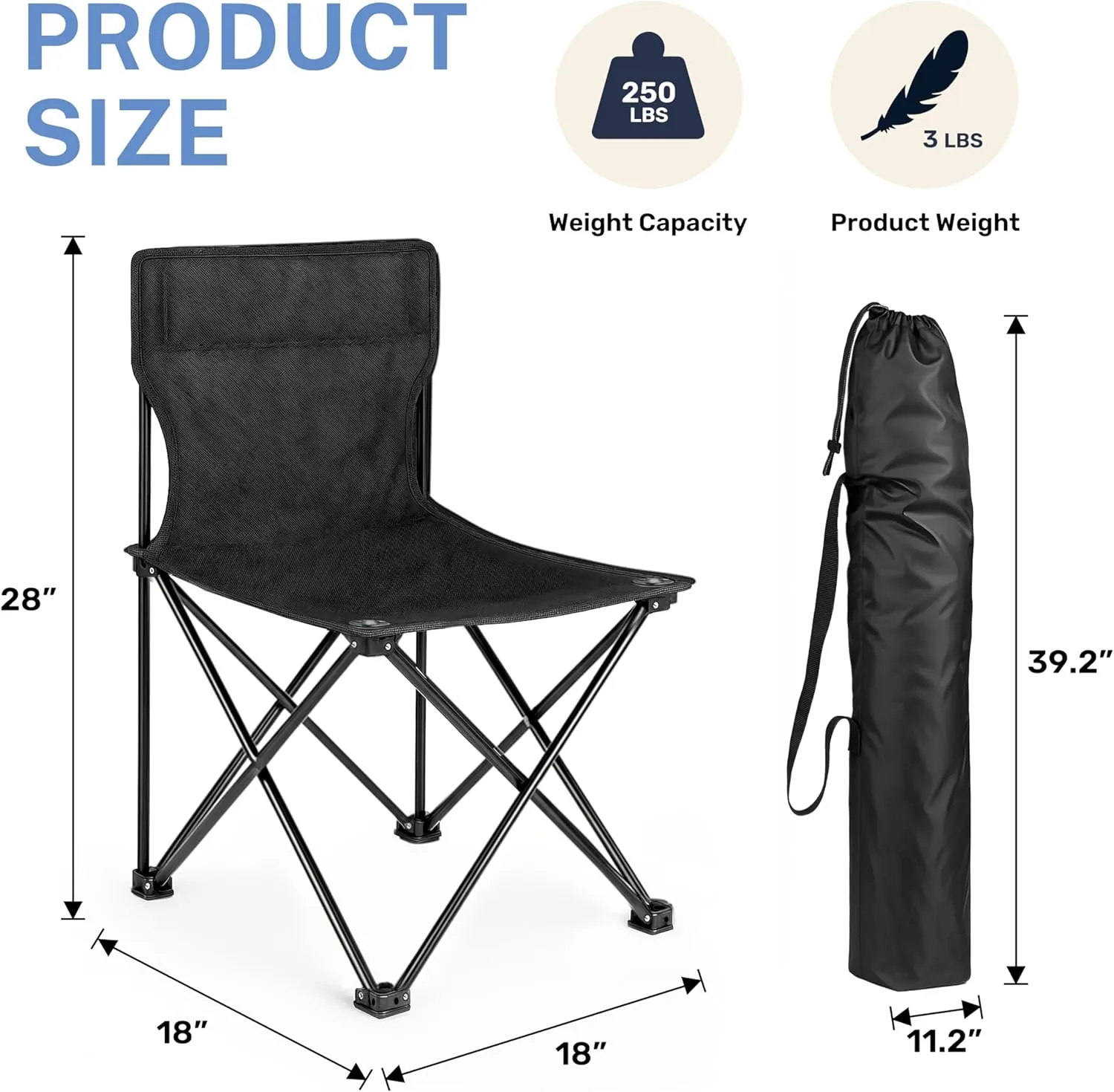 InfiniPower L Size Portable Folding Chair with Carry Bag, Lightweight Camping Chair for Camp, Outdoor Chair for Adults, Sports, Beach, Hiking, Backpacking, Garden