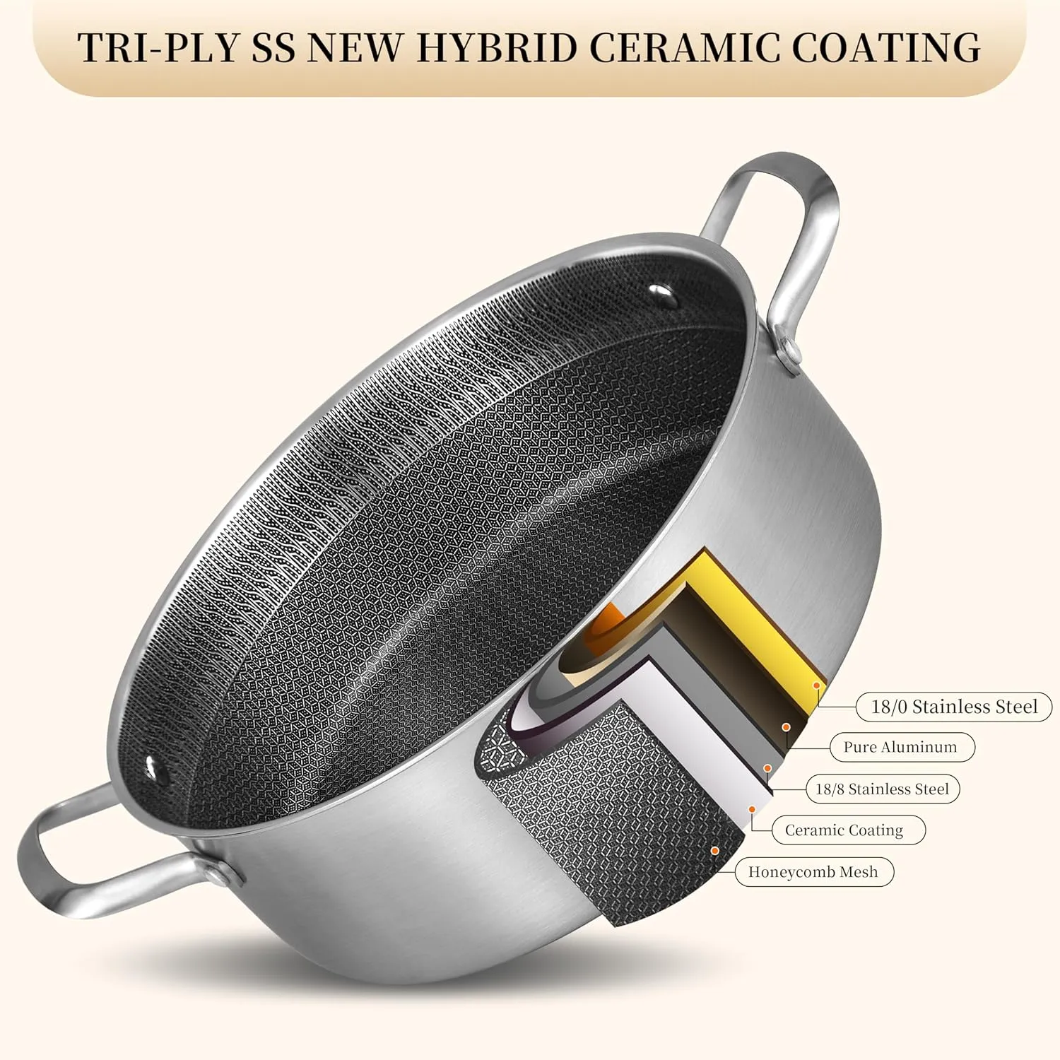 Inqibee 6 QT Hybrid Tri-Ply Stainless Steel Non Stick Sauté Pan with Lid,12 Inch Induction Deep Frying Pan,Large Skillet,Brazier,Dishwasher and Oven Safe