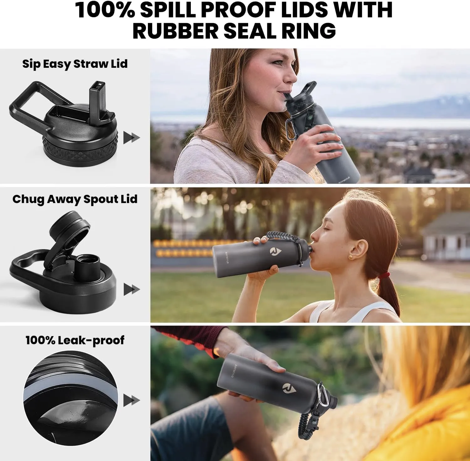 Insulated Water Bottle 40 oz, Triple Wall Vacuum Stainless Steel (Cold for 48 Hrs), Leak Proof & Non-BPA, Modern Water Flask Jug with Paracord Handle & Straw Spout Lids, Dark Grey
