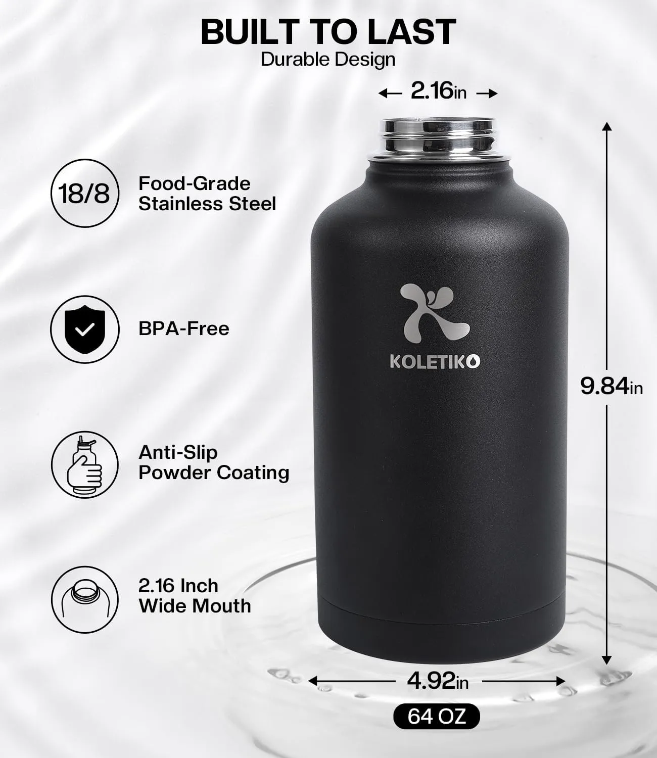 Insulated Water Bottle 64 oz(COLD for 36 Hrs), Half Gallon Stainless Steel Sports Water Jug, Non-BPA & Leak Proof, Large Water Flask with Straw, Magic Black