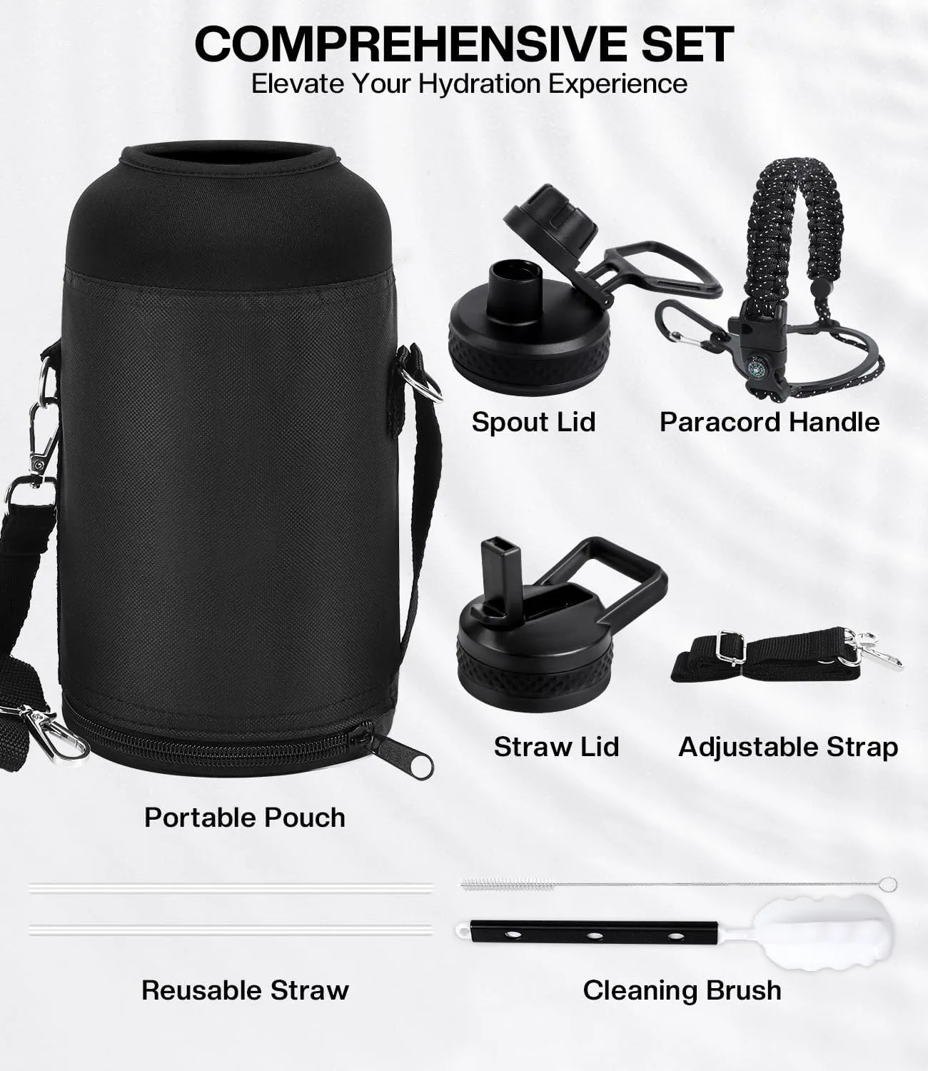 Insulated Water Bottle 64 oz(COLD for 36 Hrs), Half Gallon Stainless Steel Sports Water Jug, Non-BPA & Leak Proof, Large Water Flask with Straw, Magic Black