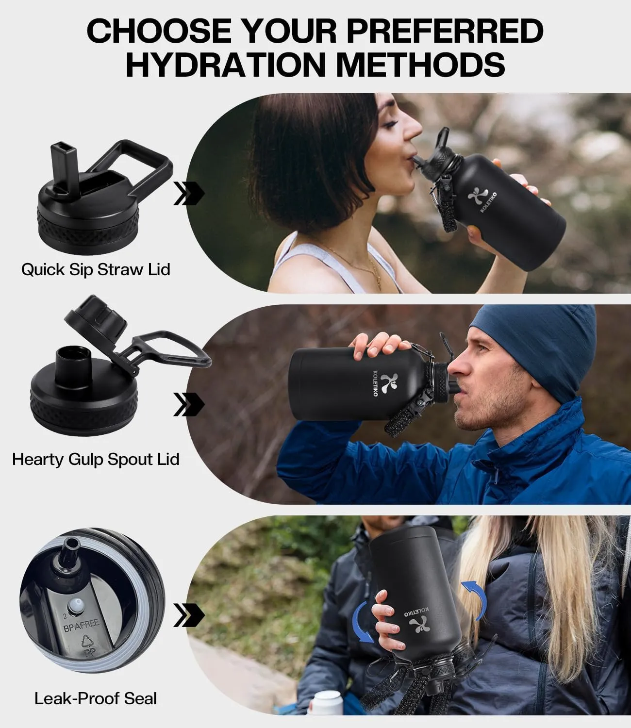 Insulated Water Bottle 64 oz(COLD for 36 Hrs), Half Gallon Stainless Steel Sports Water Jug, Non-BPA & Leak Proof, Large Water Flask with Straw, Magic Black