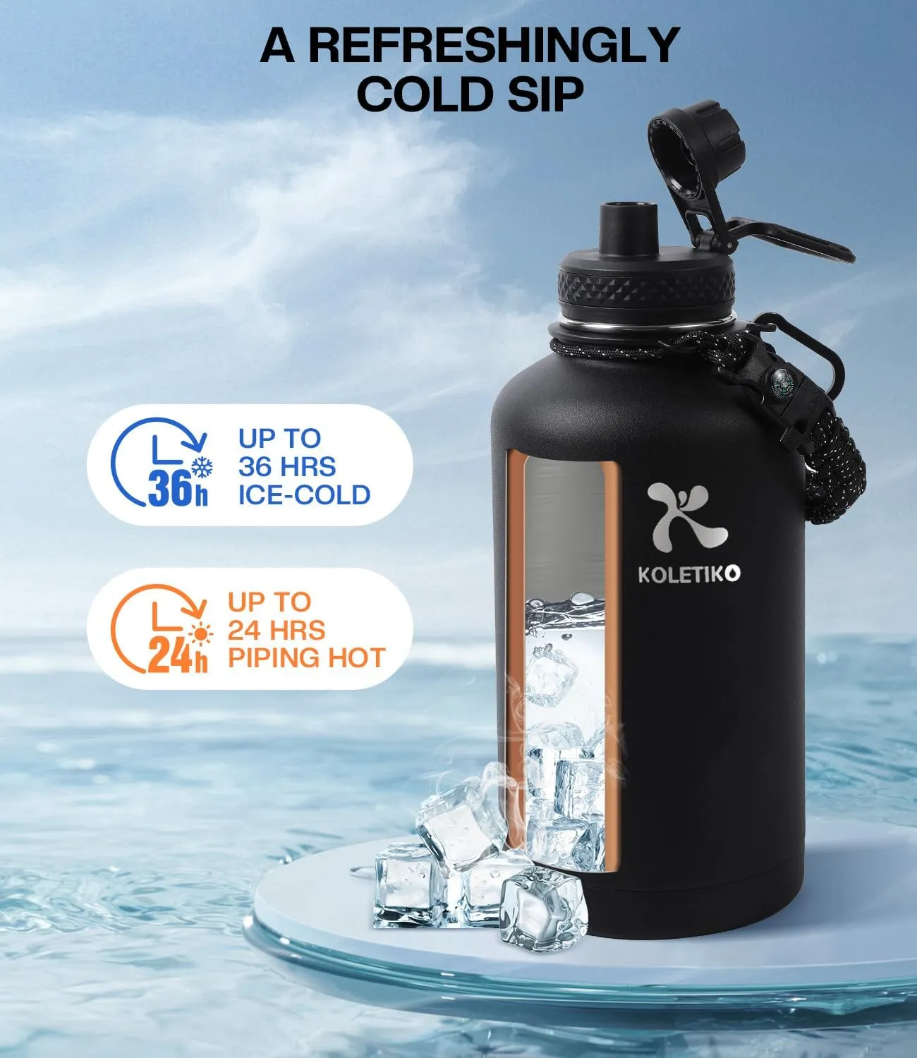 Insulated Water Bottle 64 oz(COLD for 36 Hrs), Half Gallon Stainless Steel Sports Water Jug, Non-BPA & Leak Proof, Large Water Flask with Straw, Magic Black