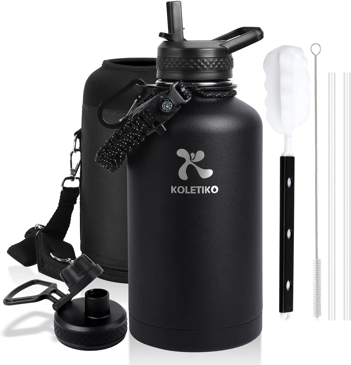Insulated Water Bottle 64 oz(COLD for 36 Hrs), Half Gallon Stainless Steel Sports Water Jug, Non-BPA & Leak Proof, Large Water Flask with Straw, Magic Black