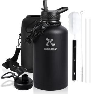 Insulated Water Bottle 64 oz(COLD for 36 Hrs), Half Gallon Stainless Steel Sports Water Jug, Non-BPA & Leak Proof, Large Water Flask with Straw, Magic Black