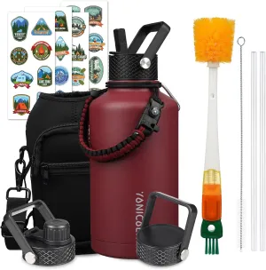 Insulated Water Bottle 64oz,Triple Wall Vacuum Stainless Steel(Dishwasher Safe),Leak Proof & Non-BPA,Flask Jug with Paracord Handle & Straw Spout Lids Sports Red