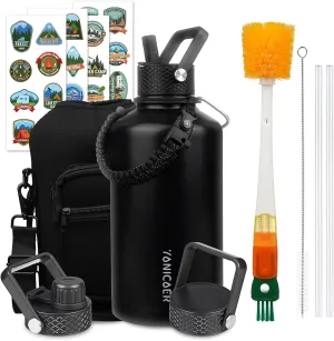 Insulated Water Bottle 87oz,Triple Wall Vacuum Stainless Steel(Dishwasher Safe),Leak Proof & Non-BPA,Flask Jug with Paracord Handle & Straw Spout Lids Sports Black