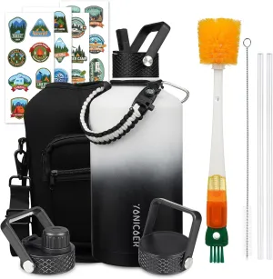 Insulated Water Bottle 87oz,Triple Wall Vacuum Stainless Steel(Dishwasher Safe),Leak Proof & Non-BPA,Flask Jug with Paracord Handle & Straw Spout Lids Sports Gradient black