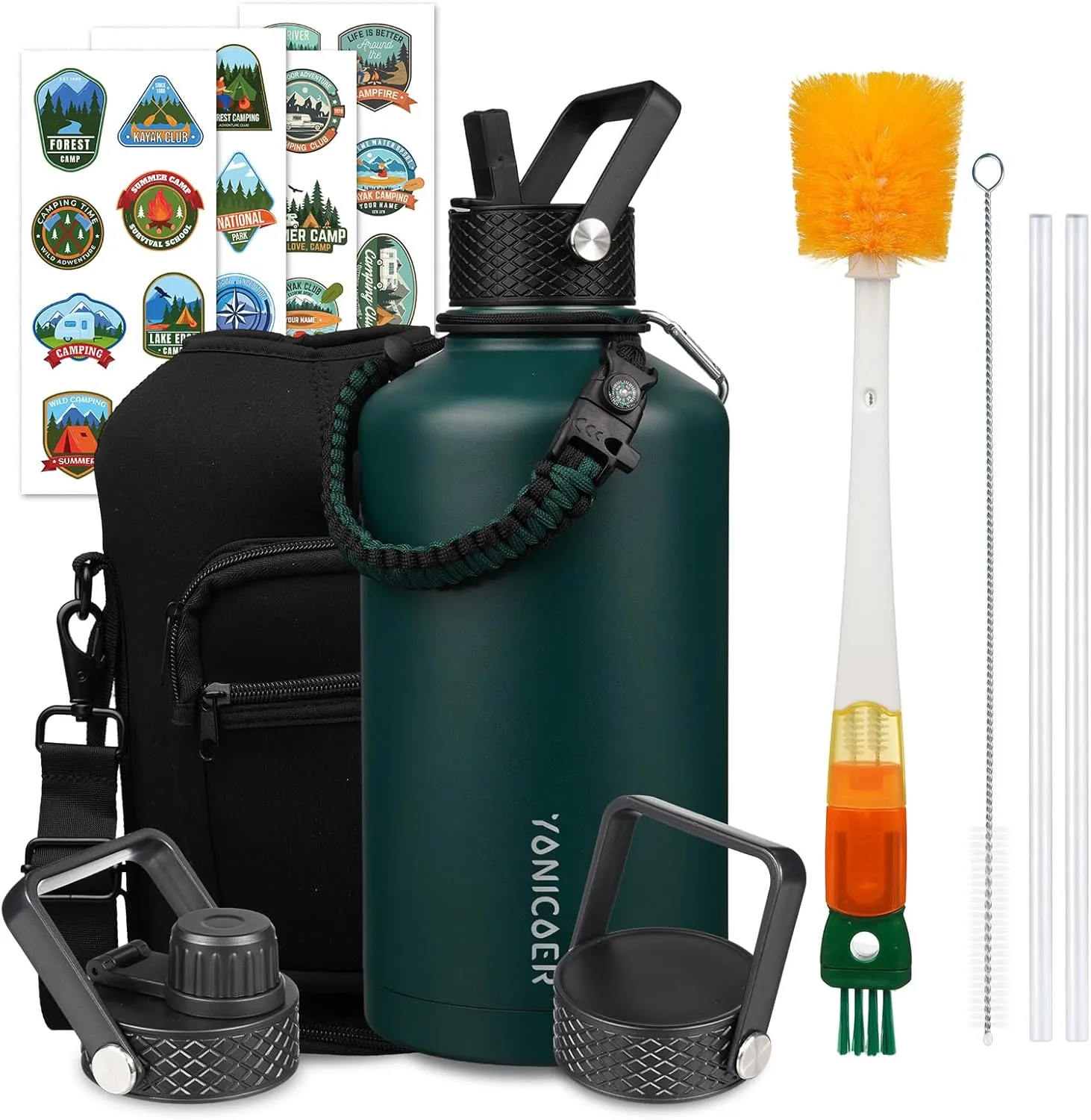 Insulated Water Bottle 87oz,Triple Wall Vacuum Stainless Steel(Dishwasher Safe),Leak Proof & Non-BPA,Flask Jug with Paracord Handle & Straw Spout Lids Sports Green