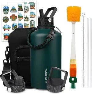 Insulated Water Bottle 87oz,Triple Wall Vacuum Stainless Steel(Dishwasher Safe),Leak Proof & Non-BPA,Flask Jug with Paracord Handle & Straw Spout Lids Sports Green