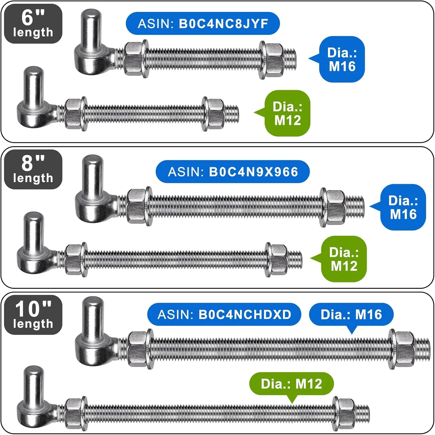 J Bolt Gate Hinge, 304 Stainless Steel Farm Gate Hinges, M12 x 10'' Gate Hinge Bolt 5/8'' for Chain Link Fence/Farm/Wooden Fence/Driveway, Supports up to 500lbs, 4pcs