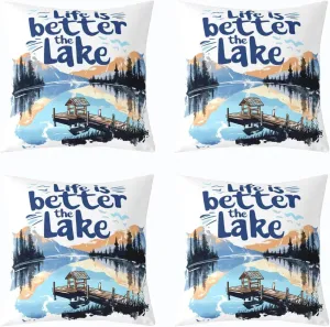 jejeloiu Lake Throw Pillow Covers Set of 4 20 x 20-Inch Kids Lakeside Fishing Reversible Cushion Case Boys Girls Teens Cabin Mountain Pillowcases for Sofa Couch Bed Tree Decor for Indoor Outdoor