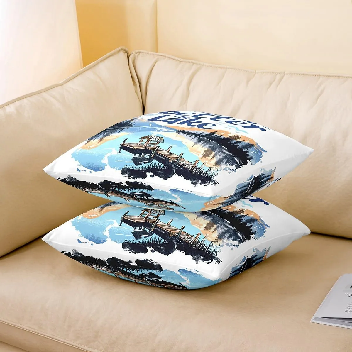 jejeloiu Lake Throw Pillow Covers Set of 4 20 x 20-Inch Kids Lakeside Fishing Reversible Cushion Case Boys Girls Teens Cabin Mountain Pillowcases for Sofa Couch Bed Tree Decor for Indoor Outdoor