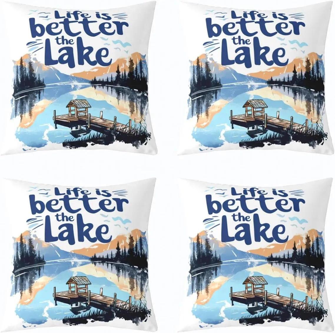 jejeloiu Lake Throw Pillow Covers Set of 4 20 x 20-Inch Kids Lakeside Fishing Reversible Cushion Case Boys Girls Teens Cabin Mountain Pillowcases for Sofa Couch Bed Tree Decor for Indoor Outdoor