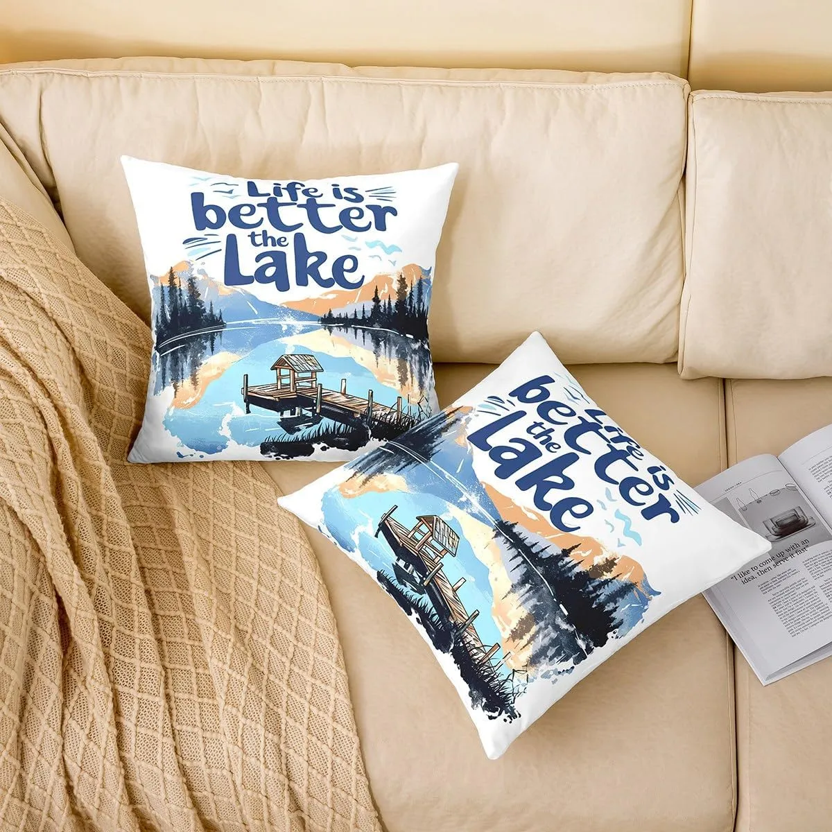 jejeloiu Lake Throw Pillow Covers Set of 4 20 x 20-Inch Kids Lakeside Fishing Reversible Cushion Case Boys Girls Teens Cabin Mountain Pillowcases for Sofa Couch Bed Tree Decor for Indoor Outdoor