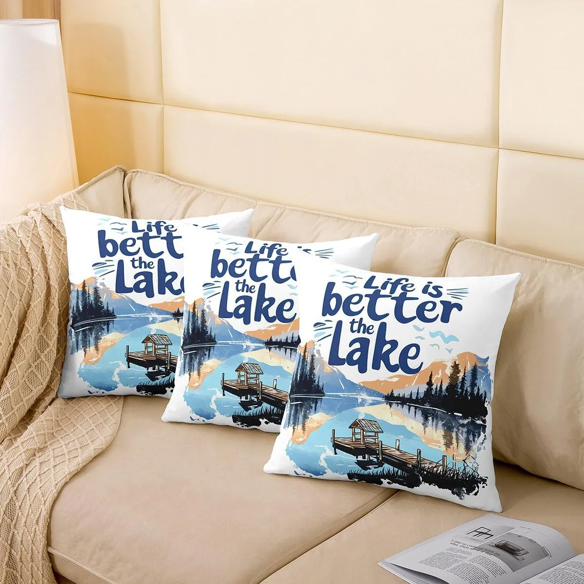 jejeloiu Lake Throw Pillow Covers Set of 4 20 x 20-Inch Kids Lakeside Fishing Reversible Cushion Case Boys Girls Teens Cabin Mountain Pillowcases for Sofa Couch Bed Tree Decor for Indoor Outdoor