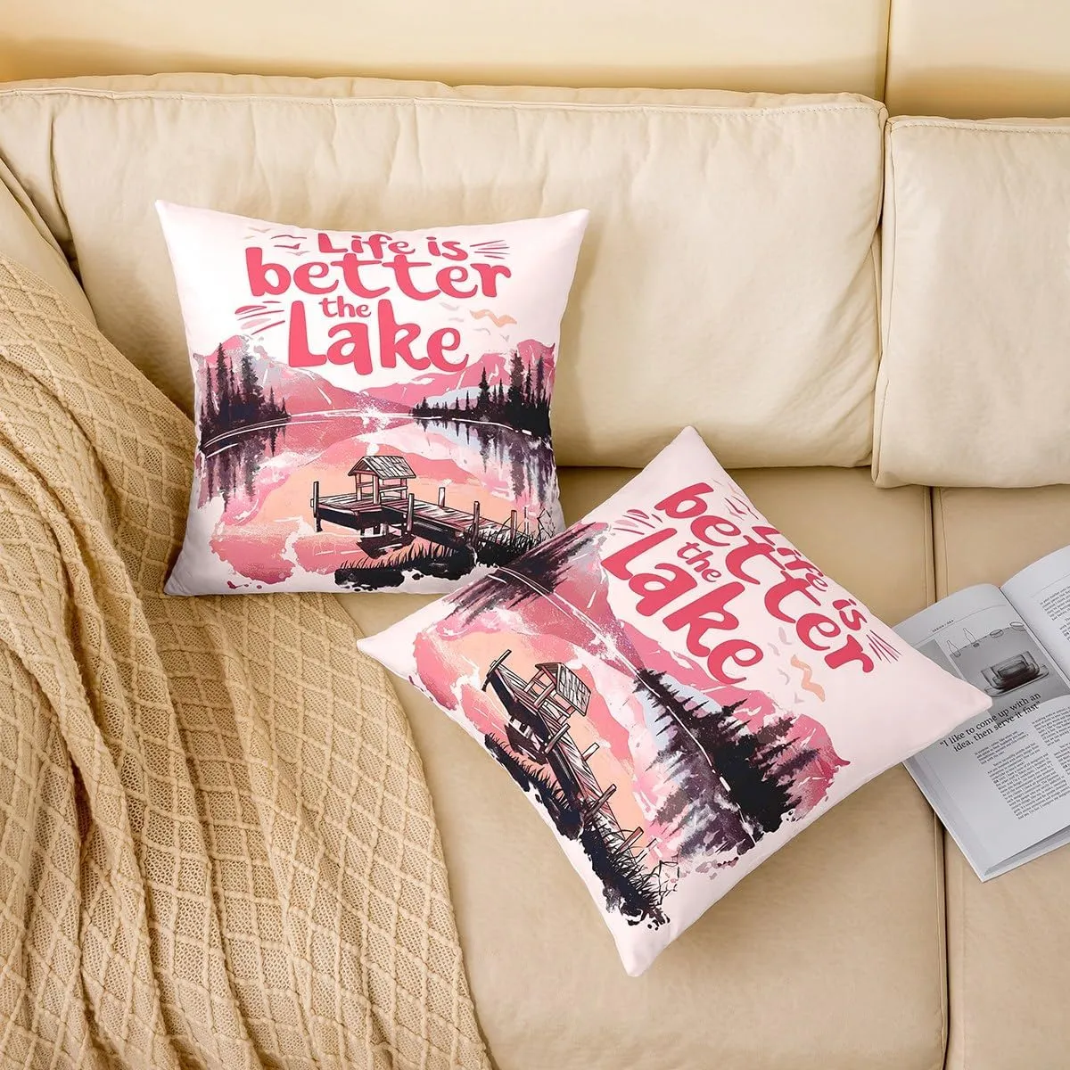 jejeloiu Pink Lake Throw Pillow Covers Set of 2 24 x 24-Inch Kids Lakeside Fishing Reversible Cushion Case Boys Girls Teens Cabin Mountain Pillowcases for Sofa Couch Bed Tree Decor for Indoor Outdoor