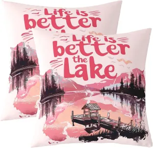 jejeloiu Pink Lake Throw Pillow Covers Set of 2 24 x 24-Inch Kids Lakeside Fishing Reversible Cushion Case Boys Girls Teens Cabin Mountain Pillowcases for Sofa Couch Bed Tree Decor for Indoor Outdoor