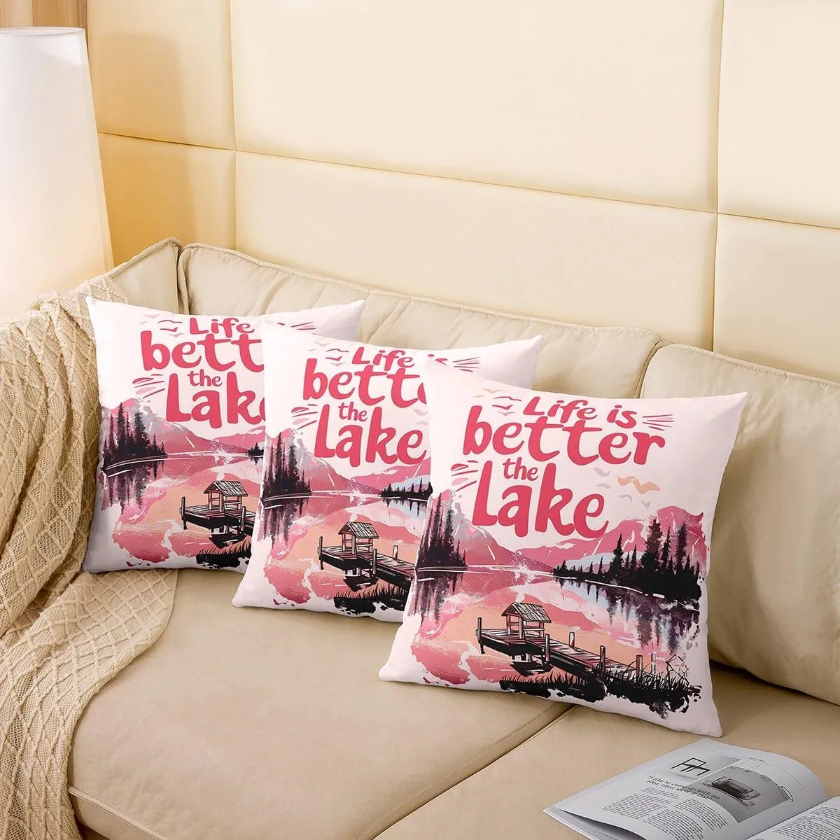 jejeloiu Pink Lake Throw Pillow Covers Set of 2 24 x 24-Inch Kids Lakeside Fishing Reversible Cushion Case Boys Girls Teens Cabin Mountain Pillowcases for Sofa Couch Bed Tree Decor for Indoor Outdoor