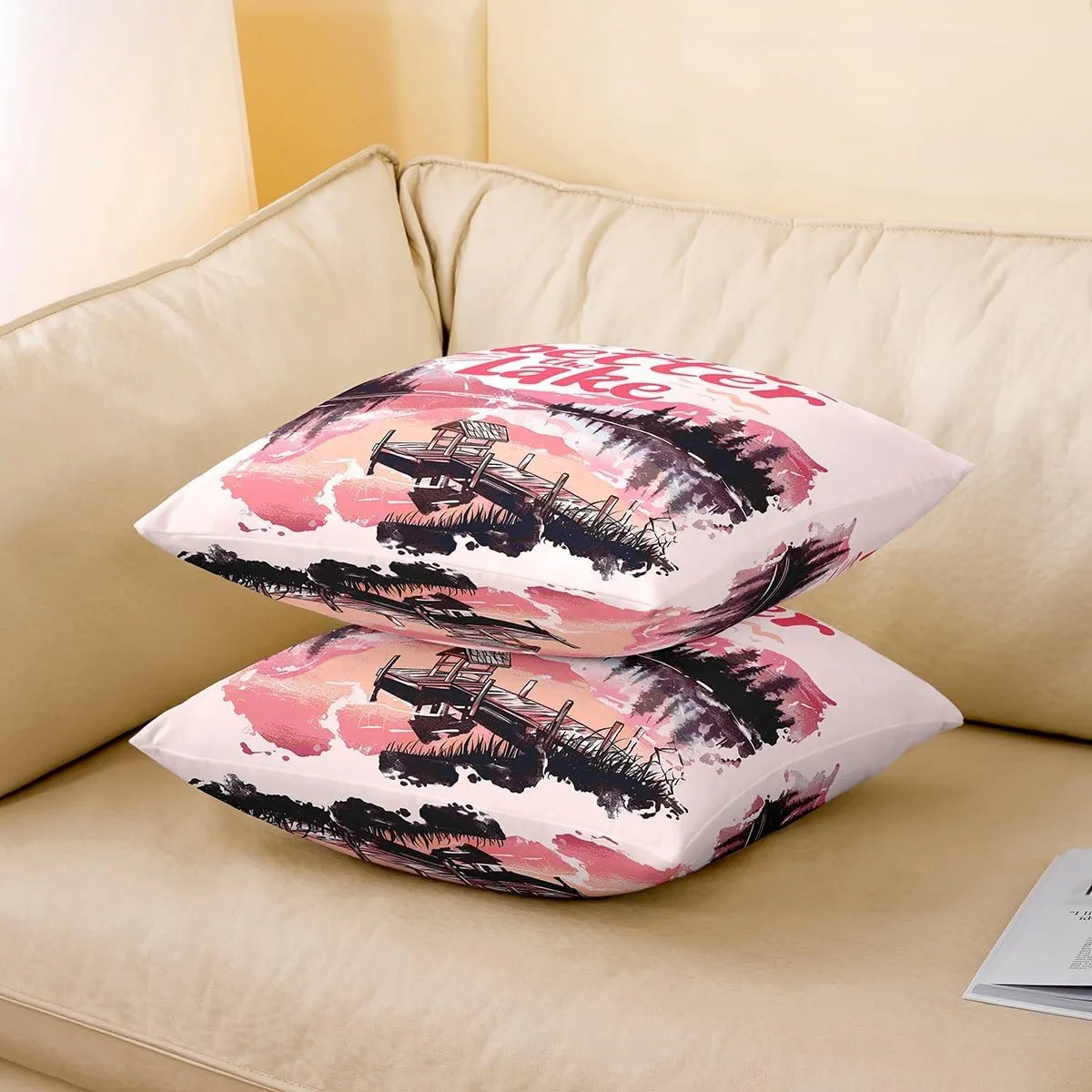 jejeloiu Pink Lake Throw Pillow Covers Set of 2 24 x 24-Inch Kids Lakeside Fishing Reversible Cushion Case Boys Girls Teens Cabin Mountain Pillowcases for Sofa Couch Bed Tree Decor for Indoor Outdoor