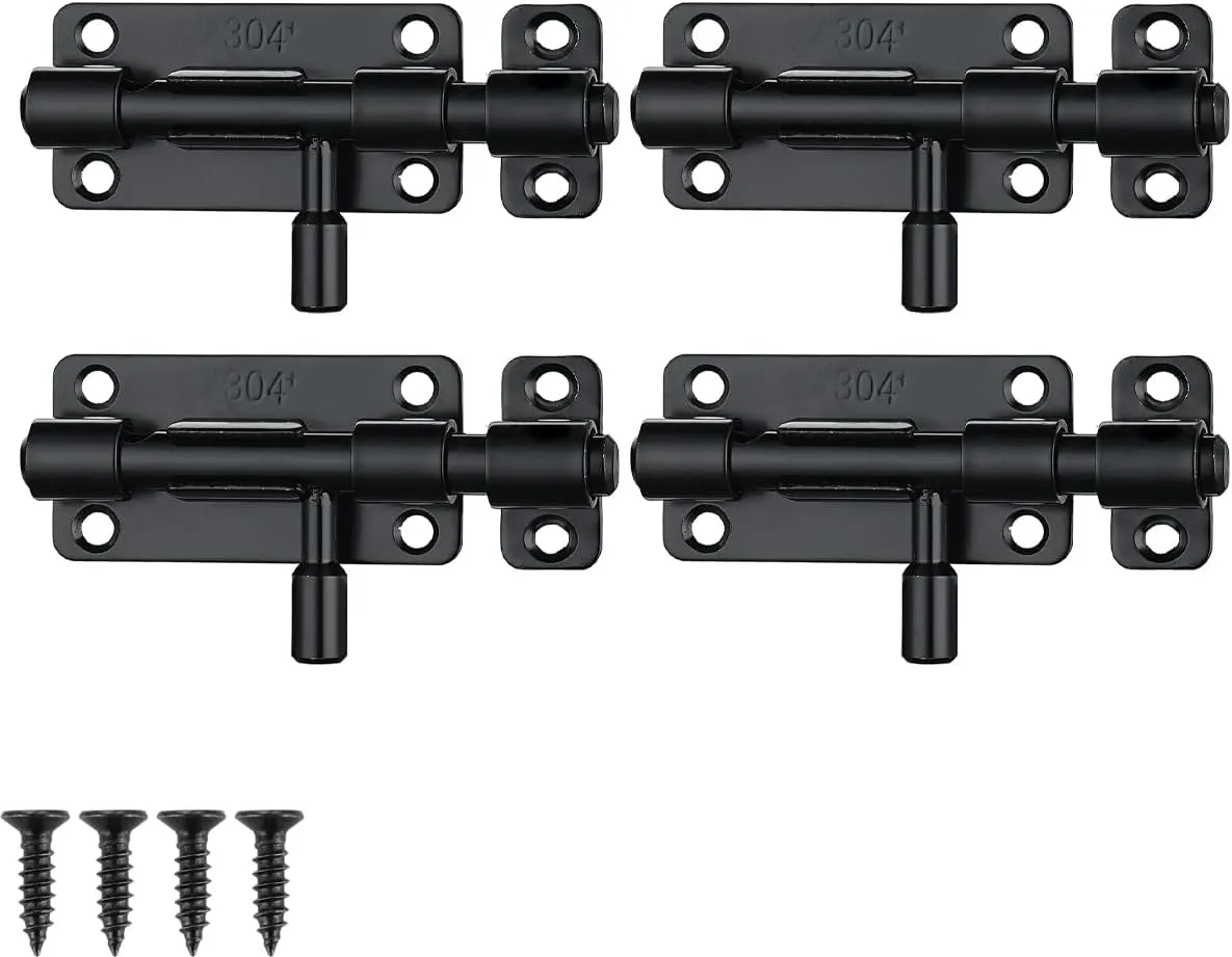 JQK Door Security Slide Latch Lock Barrel Bolt, 304 Stainless Steel Sliding Gate Latches Thickened 1.4mm with Padlock Hole, Black, 4 Pack HBB120-BK-P4