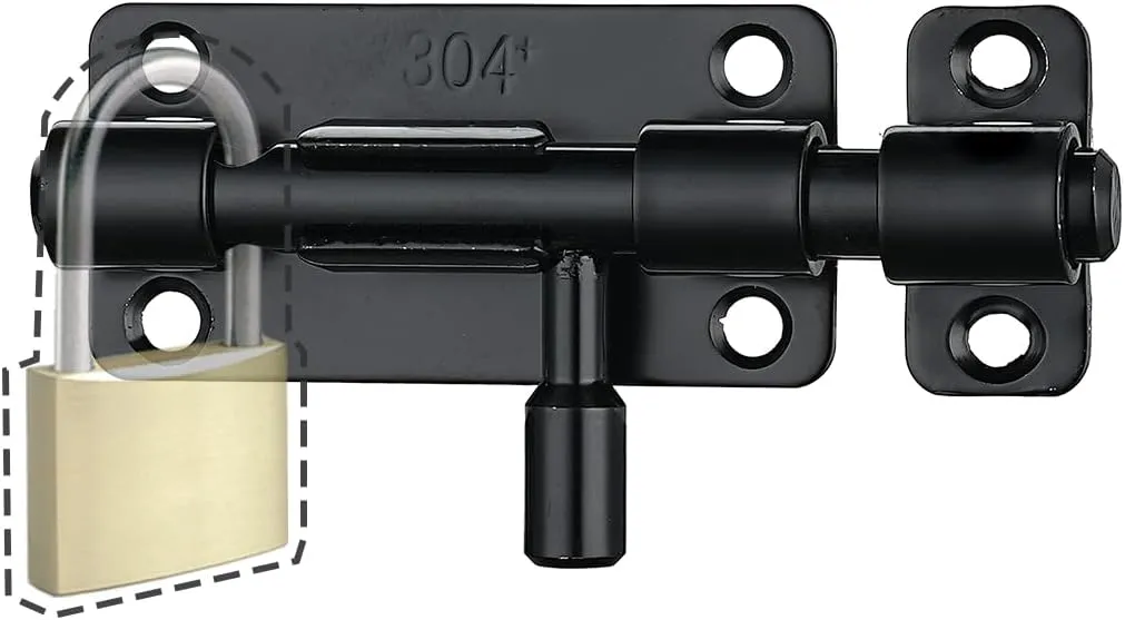 JQK Door Security Slide Latch Lock Barrel Bolt, 304 Stainless Steel Sliding Gate Latches Thickened 1.4mm with Padlock Hole, Black, 4 Pack HBB120-BK-P4