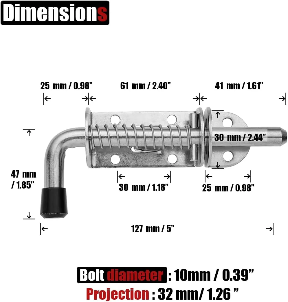 JQK Spring Loaded Latch Pin, 304 Stainless Steel Barrel Bolt Thickened 2mm Door Lock, 5 Inch Brushed Finished(2 Pack), HSB300-P2