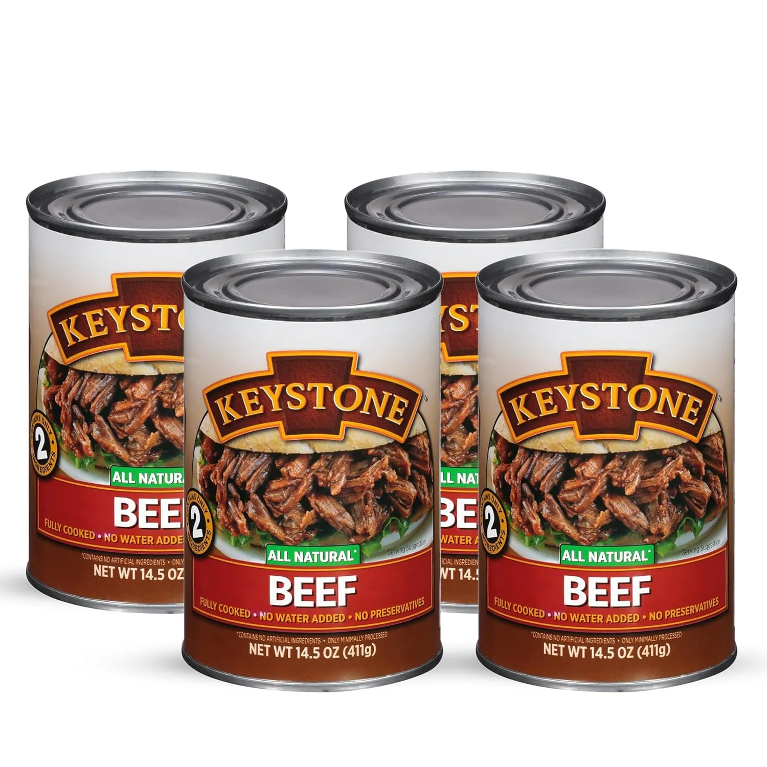 Keystone Meats All Natural Heat and Serve Canned Beef 14.5 Oz Fully Cooked Canned Meat Long Shelf Life Emergency Survival Canned Food Ready to Eat No Preservatives Gluten Free Made in USA Pack of 4