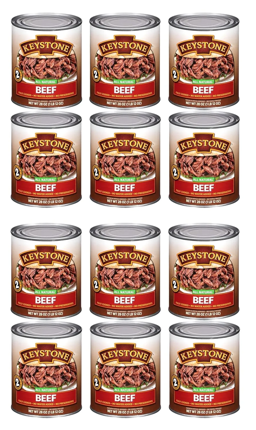 Keystone Meats All Natural Heat and Serve Canned Beef 28 Oz Fully Cooked Canned Meat Long Shelf Life Emergency Survival Canned Food Ready to Eat No Preservatives Gluten Free Made in USA Pack of 12