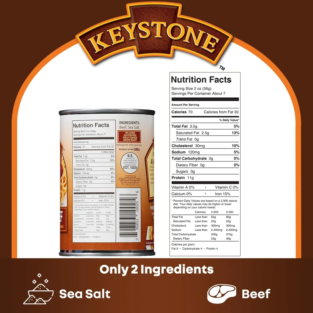 Keystone Meats All Natural Heat and Serve Ground Beef 14 Oz Fully Cooked Canned Meat Shelf Stable Emergency Survival Canned Food Ready to Eat No Preservatives Gluten Free Made in USA Pack of 24