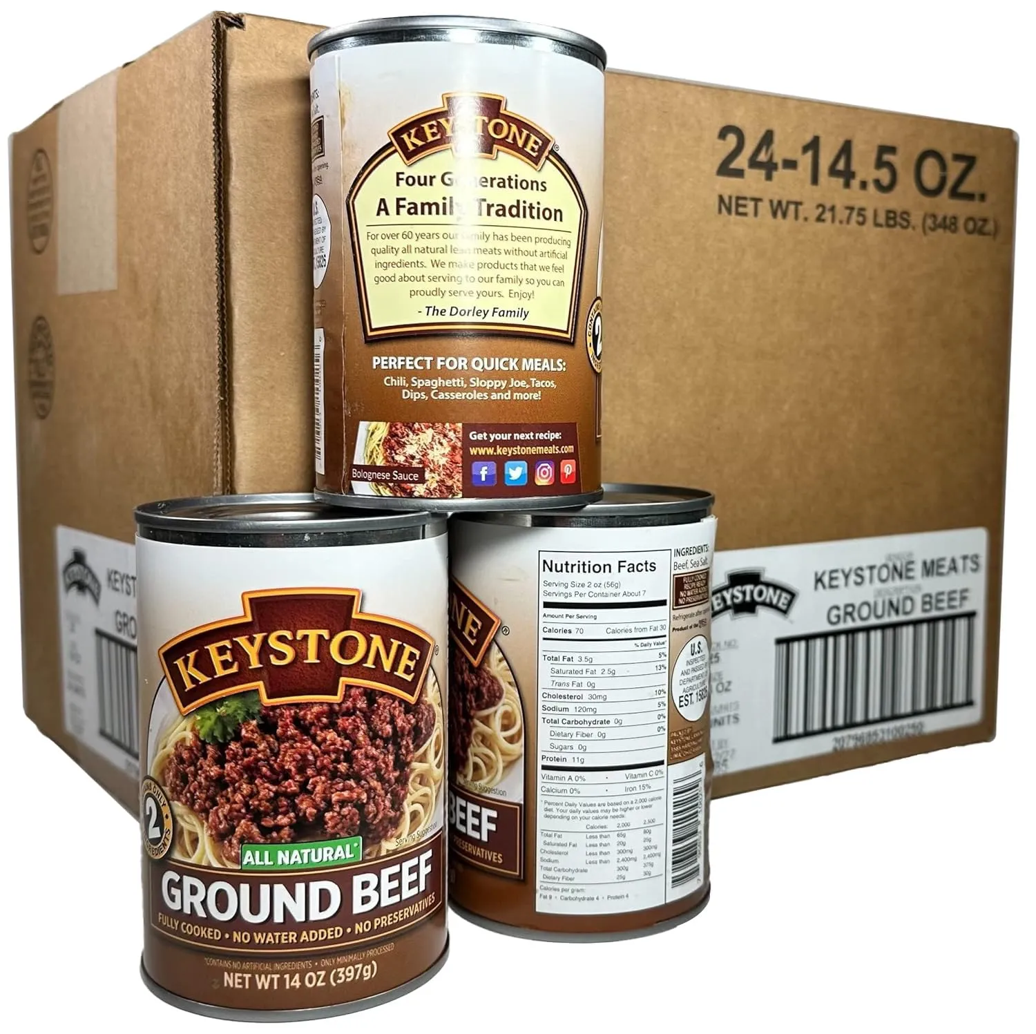 Keystone Meats All Natural Heat and Serve Ground Beef 14 Oz Fully Cooked Canned Meat Shelf Stable Emergency Survival Canned Food Ready to Eat No Preservatives Gluten Free Made in USA Pack of 24