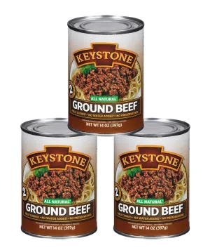 Keystone Meats All Natural Heat and Serve Ground Beef 14 Oz Fully Cooked Canned Meat Shelf Stable Emergency Survival Canned Food Ready to Eat No Preservatives Gluten Free Made in USA Pack of 3